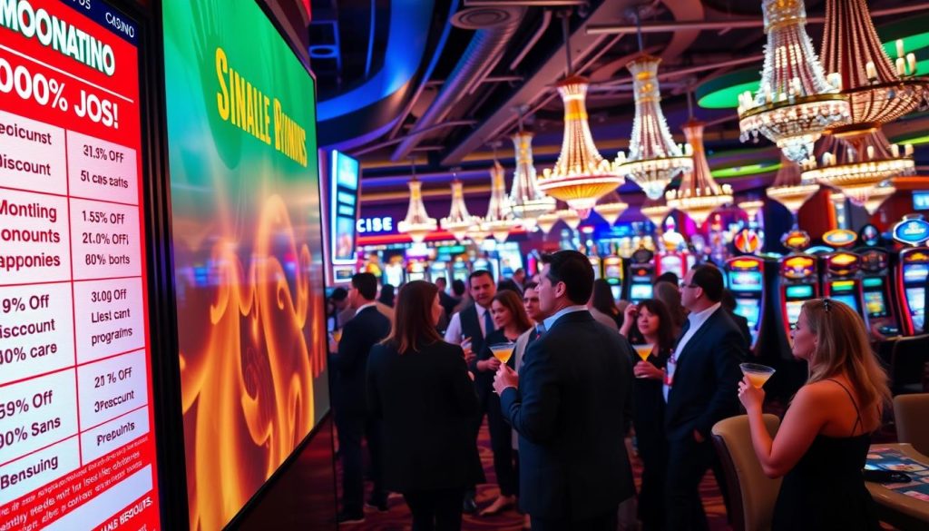 A lively casino scene featuring a vibrant display of monthly promotions, ongoing bonuses, and loyalty programs. In the foreground, a large digital screen showcases enticing offers and discounts, bathed in a warm, inviting glow. In the middle ground, smartly dressed patrons eagerly discuss the latest bonuses while sipping complimentary cocktails. The background depicts a bustling casino floor, with slot machines and gaming tables illuminated by dazzling neon lights and chandeliers. The overall atmosphere conveys a sense of excitement, anticipation, and the promise of rewarding experiences for loyal casino-goers.
